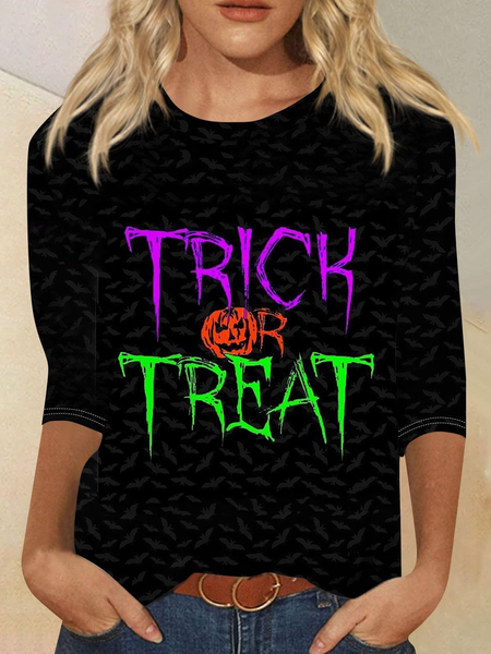 Casual Halloween Crew Neck Long Sleeve T-shirt, Black, T-shirts