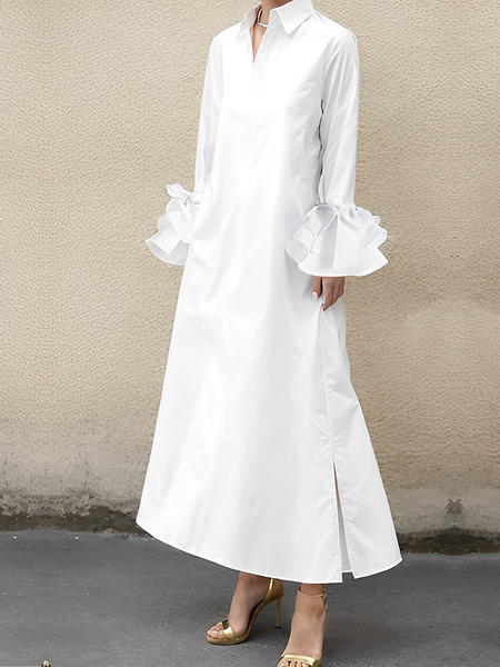 

Loose Elegant Regular Sleeve Shirt Collar Long Sleeve Plain Maxi Dress, White, Maxi Dresses