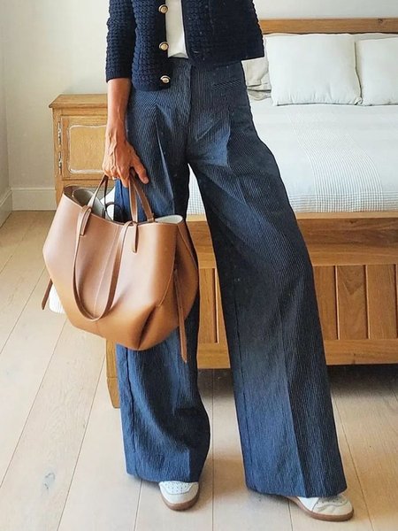 

Striped Regular Fit Casual Pants, Navyblue, Pants