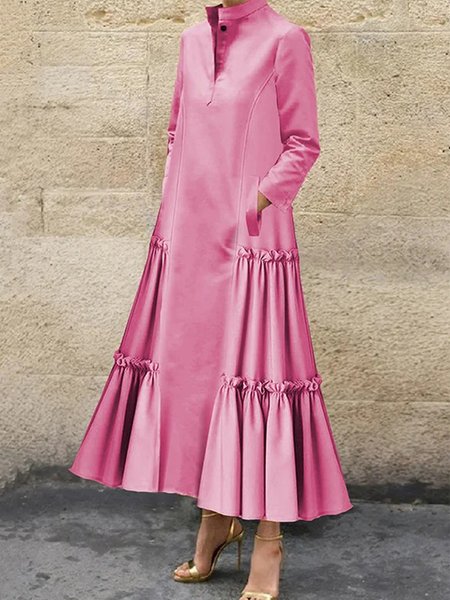 

Loose Elegant Pockets Stand Collar Plain Dress, Pink, Maxi Dresses