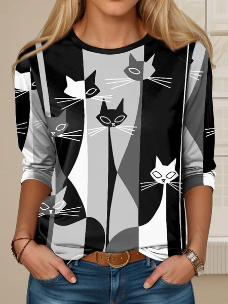 Casual Cat Crew Neck Long Sleeve T-shirt, Black, T-shirts