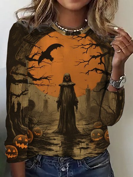 

Casual Halloween Crew Neck Long Sleeve T-shirt, Multicolor, T-shirts