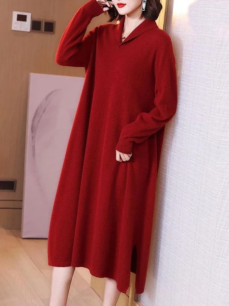

Casual Shawl Collar Loosen Plain Loosen Midi Sweater Dress, Red, Midi Dresses