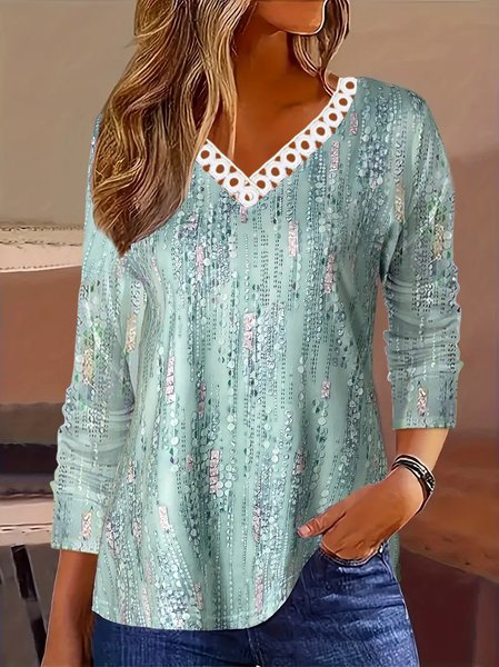 Casual Floral V Neck Long Sleeve T-shirt, Green, T-shirts