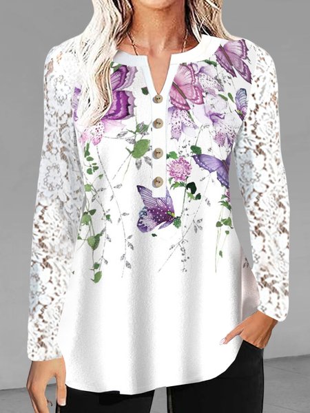 

V Neck Long Sleeve Floral Lace Regular Loose Blouse For Women, Purple, Blouses