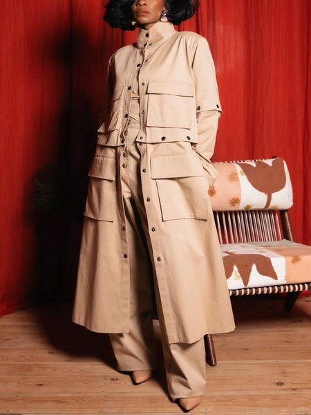 

Urban Pocket Long Sleeve Loose Turtleneck Trench Coat, Khaki, Trench Coats
