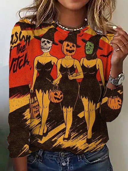 

Casual Halloween Crew Neck Long Sleeve T-shirt, Orange, T-shirts