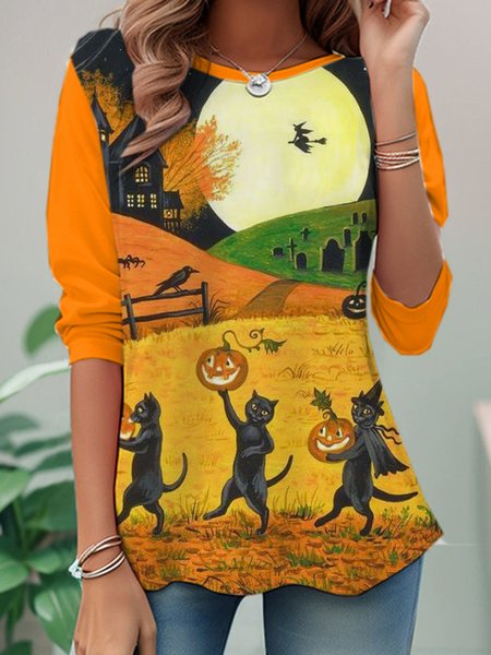 

Casual Halloween Crew Neck Long Sleeve T-shirt, Orange, T-shirts