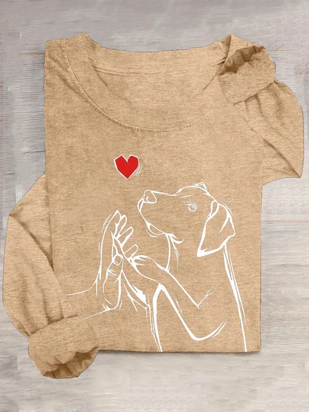 

Dog Cotton-Blend Loose Casual T-Shirt, Khaki, Long sleeves