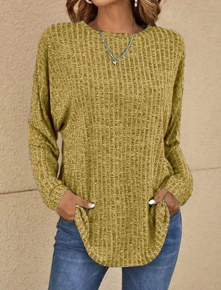 

Casual Plain Crew Neck Long Sleeve T-shirt, Green, T-shirts