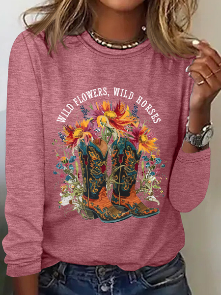 

Wild Flowers Wild Horses Casual Long Sleeve Shirt, Watermelon, Long sleeves