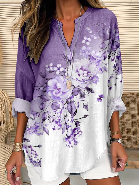 

Women's Alzheimer's Awareness Purple Floral Cotton and Linen Shirt, Blouses