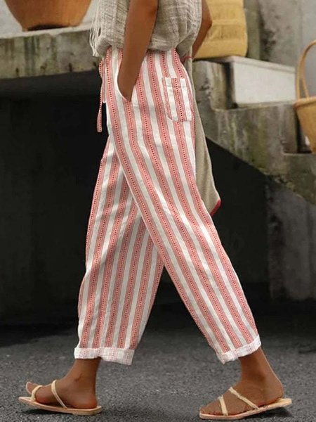 Women's Striped Long Pant Casual Spring/Fall Trousers, Pink, Pants