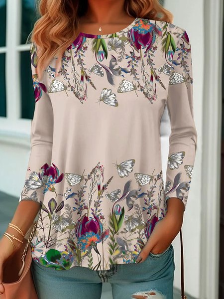 

Casual Floral Crew Neck Long Sleeve T-shirt, Multicolor, T-shirts