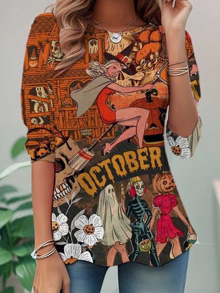 Casual Halloween Crew Neck Long Sleeve T-shirt, Orange, T-shirts