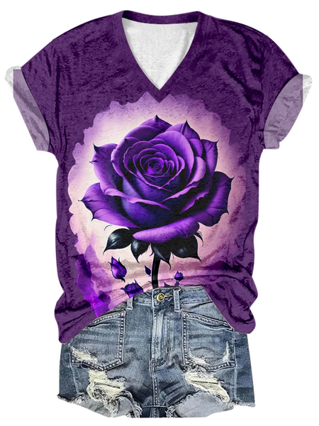 

Women's Alzheimer's Awareness Purple Rose Print V-Neck T-Shirt, T-shirts