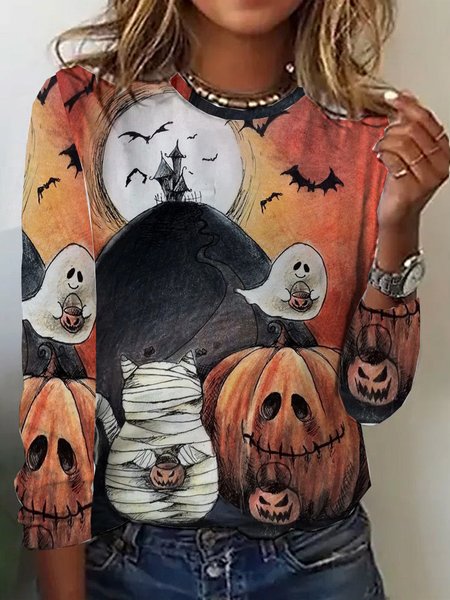 Casual Halloween Crew Neck Long Sleeve T-shirt, Orange, T-shirts