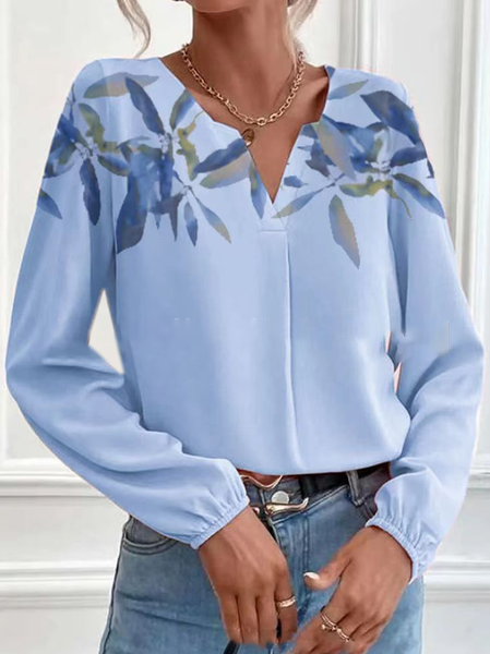

V Neck Long Sleeve Leaf Lace Regular Loose Blouse For Women, Blue, Blouses