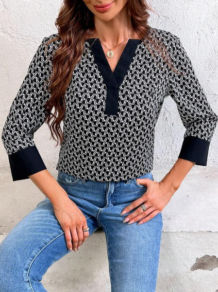 

V Neck Long Sleeve Geometric Regular Loose Blouse For Women, Black, Blouses