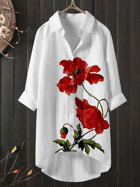 

Shirt Collar Long Sleeve Floral Regular Loose TUNIC Shirt For Women, White, Shirts