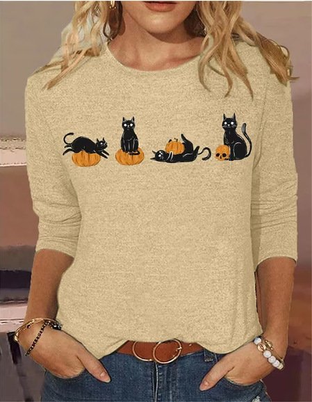 

Casual Halloween Crew Neck Long Sleeve T-shirt, Apricot, T-shirts