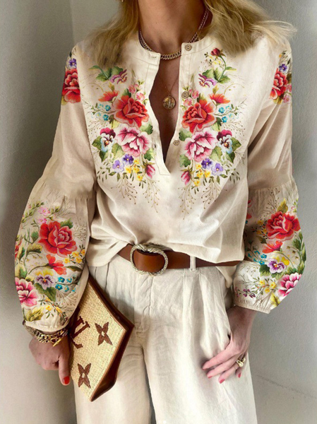 Women Floral Long Sleeve Blouse Spring/Fall V Neck Daily Casual Top, Apricot, Shirts