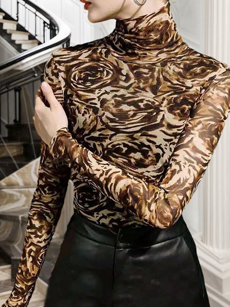 

Regular Sleeve Printing Casual Tight Leopard T-Shirt, Brown, Tees