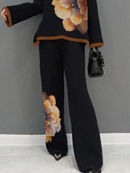 

Casual Loose Floral Pants, Black-brown, Pants