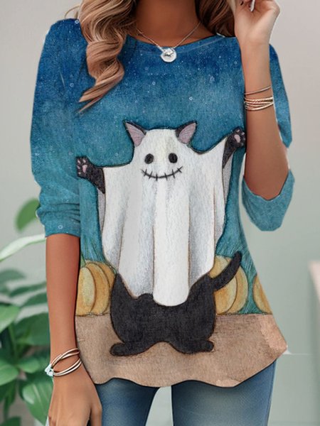 

Casual Halloween Crew Neck Long Sleeve T-shirt, Blue, T-shirts