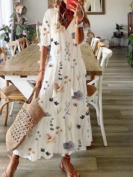 

Women Floral V Neck Three Quarter Sleeve Comfy Casual Maxi Dress, White, Dresses