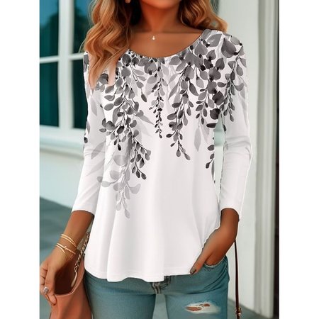 

Casual Leaf Crew Neck Long Sleeve T-shirt, Gray, T-shirts