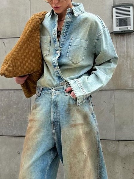 Casual Distressing Denim Shirt, Denim blue, Blouses and Shirts