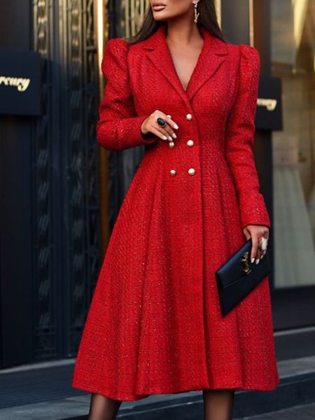 Elegant Lapel Collar Blazer Midi Dress, Red, Midi Dresses