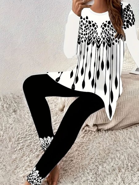 

Women Geometric Crew Neck Long Sleeve Comfy Casual Top With Pants Two-Piece Set, Black-white, Sets