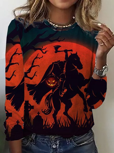 

Casual Halloween Crew Neck Long Sleeve T-shirt, Multicolor, T-shirts