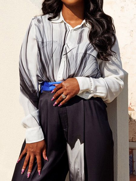 Regular Sleeve Shirt Collar Urban Printing Loose Shirt, White, Blouses and Shirts