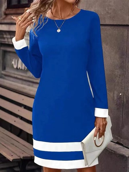 

Women's Long Sleeve Spring/Fall Contrast Stitching Knitted Dress Crew Neck Daily Going Out Casual Midi H-Line T-Shirt Dress, Royal blue, Dresses