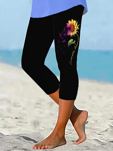 

Women's Dementia Awareness Purple Dementia Awareness Print Cropped Leggings, Black, Pants