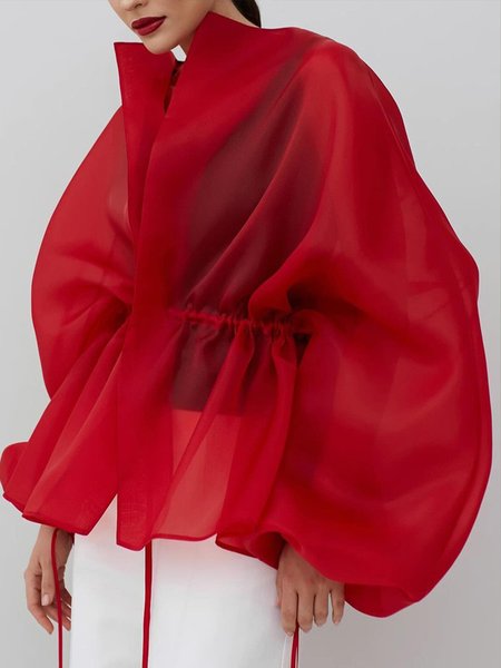 

Plus Size Plain Long Sleeve Urban Drawstring Jacket, Red, Plus Outerwear