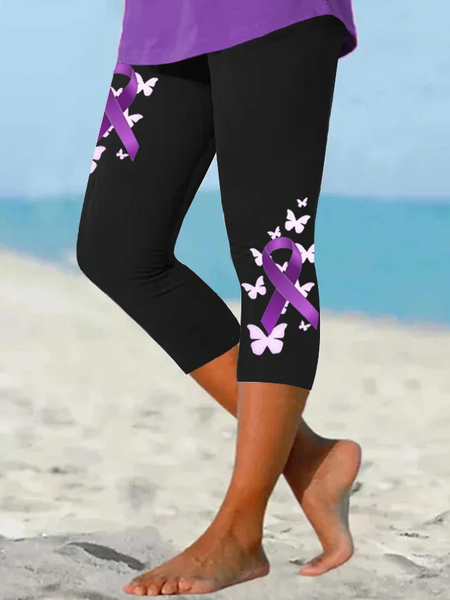 

Women's I Wear Purple For Someone I Love Butterfly Ribbon Alzheimer's Awareness Cropped Leggings, Black, Pants