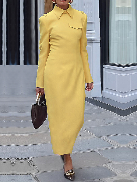 

Regular Fit Regular Sleeve Regular Fit Plain Elegant Shirt Collar Long Sleeve Maxi Dress, Yellow, Maxi Dresses