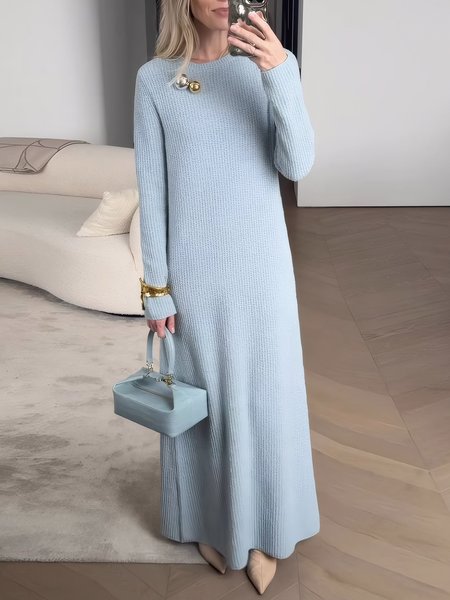 

Regular Sleeve Loose Plain Elegant Sweater Dress With No Brooch, Blue, Maxi Dresses