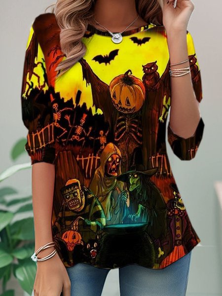 

Casual Halloween Crew Neck Long Sleeve T-shirt, Multicolor, T-shirts