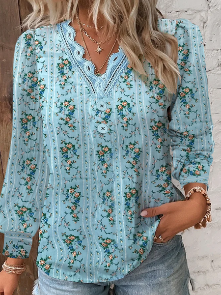 

Casual Floral V Neck Long Sleeve T-shirt, Blue, T-shirts