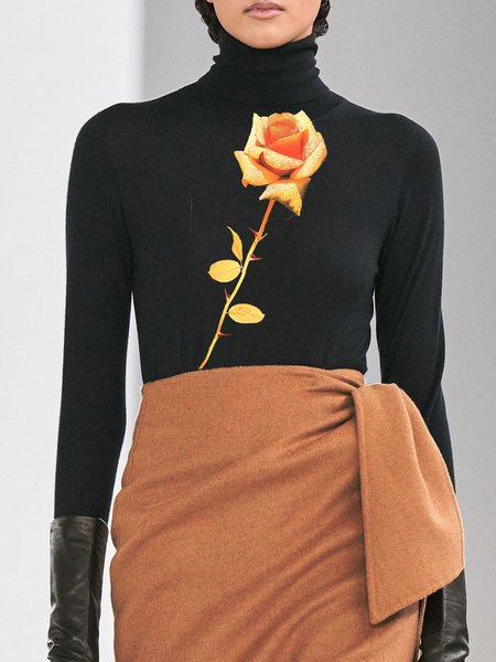

Casual Floral Printing Turtleneck T-Shirt, As picture, Tees