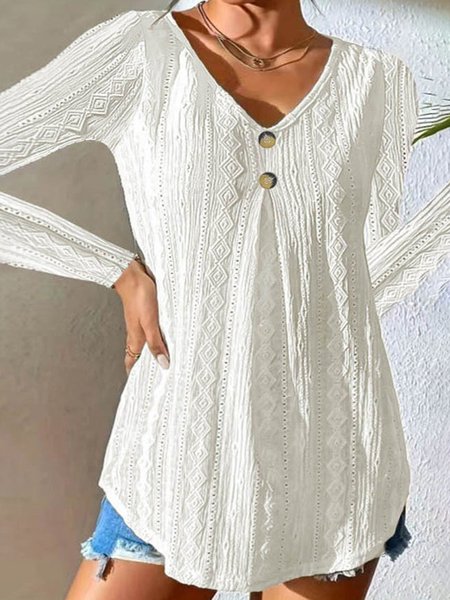 

Women's Long Sleeve Blouse Spring/Fall Plain Buckle V Neck Daily Going Out Casual Top, White, Shirts & Blouses