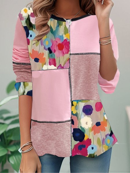 

Casual Floral Crew Neck Long Sleeve T-shirt, Pink, T-shirts