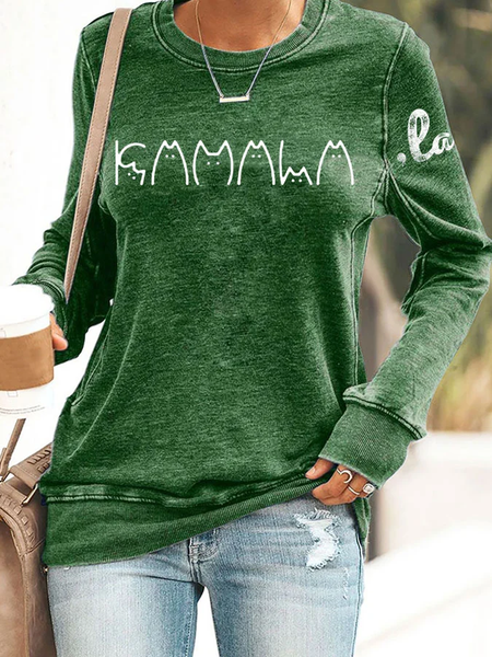 

Women's La Print Casual Long Sleeve Casual Cotton-Blend Sweatshirt, Green, Hoodies&Sweatshirts