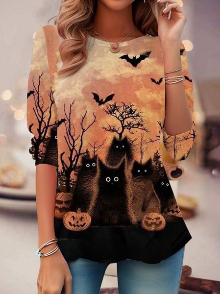 Halloween Cat Print T-Shirt, Orange, Long sleeves