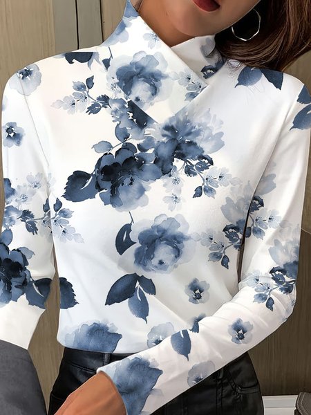 Long Sleeve Floral Printing Regular Micro-Elasticity Regular Fit Blouse For Women, Deep blue, Blouses